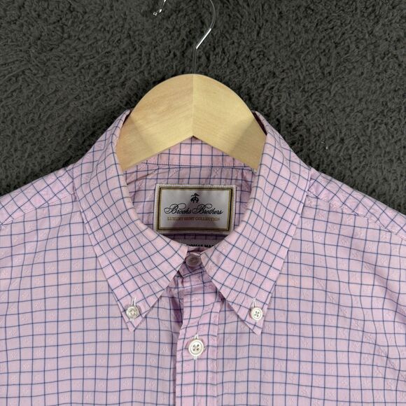 Brooks Brothers Shirt Mens Medium Pink Check Milano Fit Button Down Thomas Mason - Picture 3 of 13